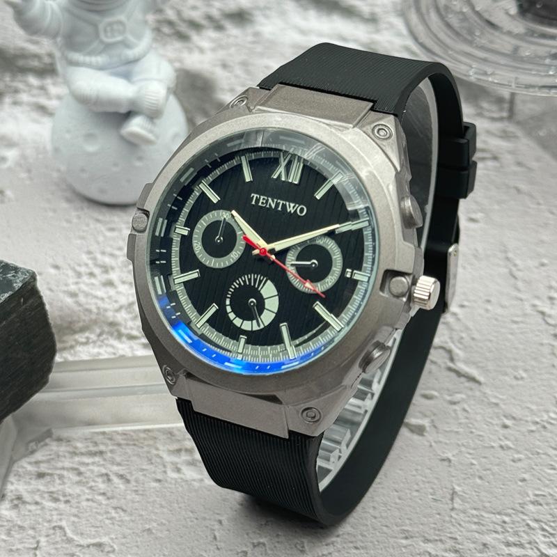 JYL Men's Watch Three-eye Six-needle Blue Light Silicone Strap