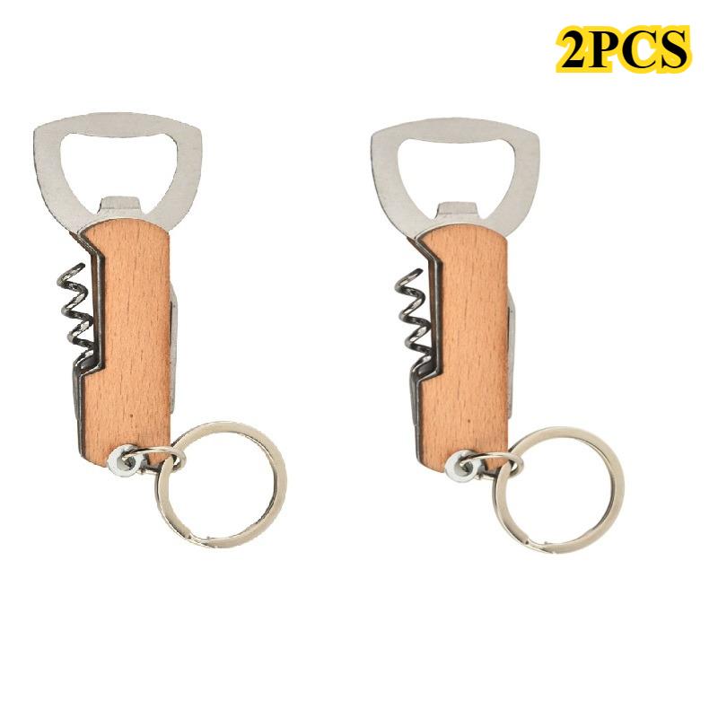 2PCS Beer Bottle Opener Keyring Keychain Stainless Steel Multifunctional Wooden Handle Corkscrew Wine Opener Bar Party Accessor 6