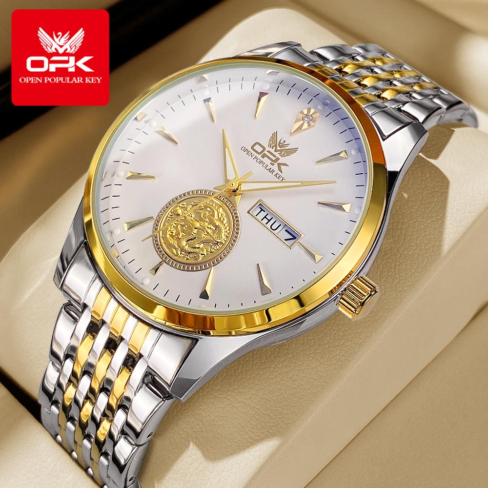 OPK 8150 Men's Dress Wristwatch Luxury Waterproof Luminous Dual Calendar Original Business Quartz Watch for Man