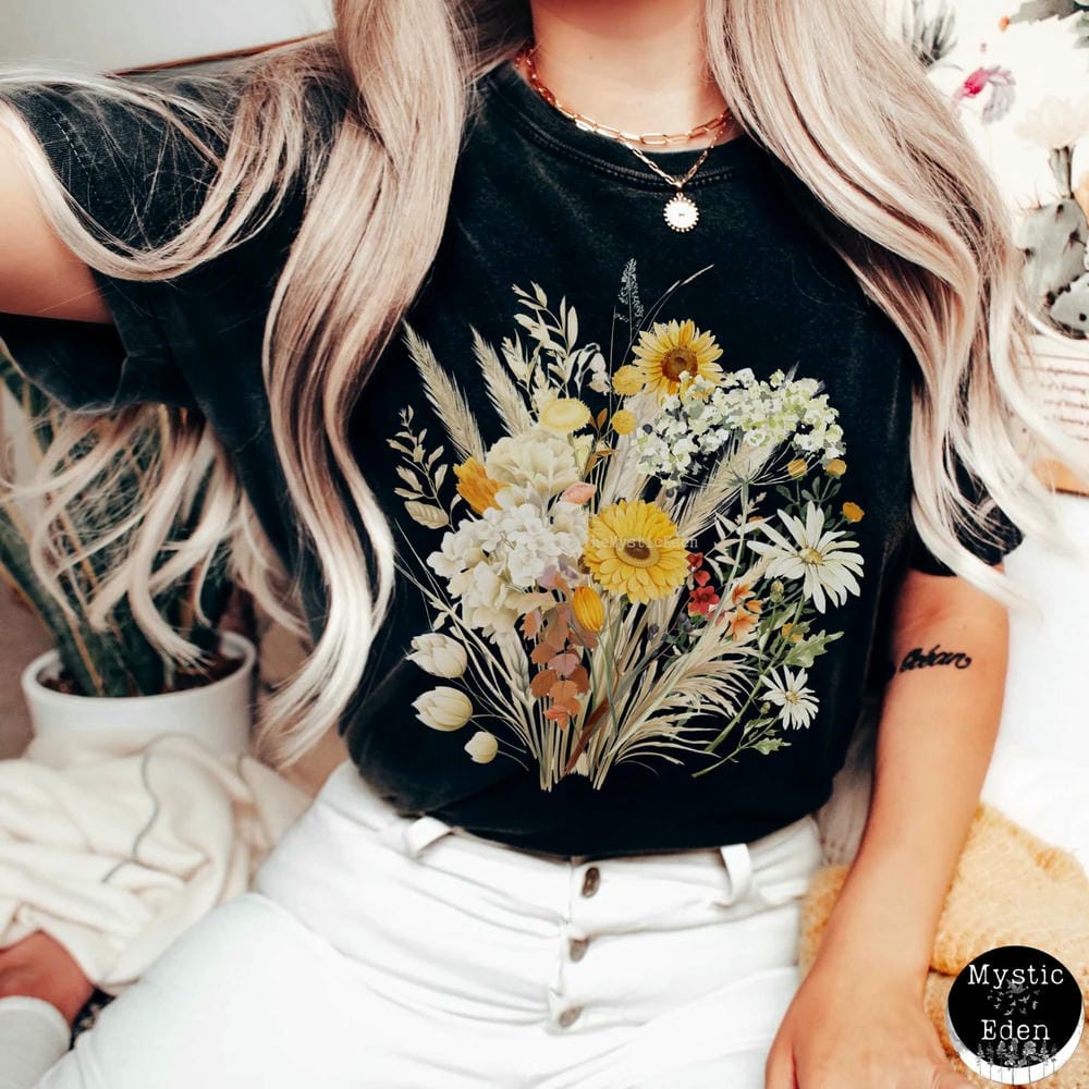 Chemise Confort Imprimé Fleurs Sauvages Vintage Bohème Cottagecore T-shirt Botanique Violet Fleuri Vêtement Tendance Y2K Décontracté Streetwear