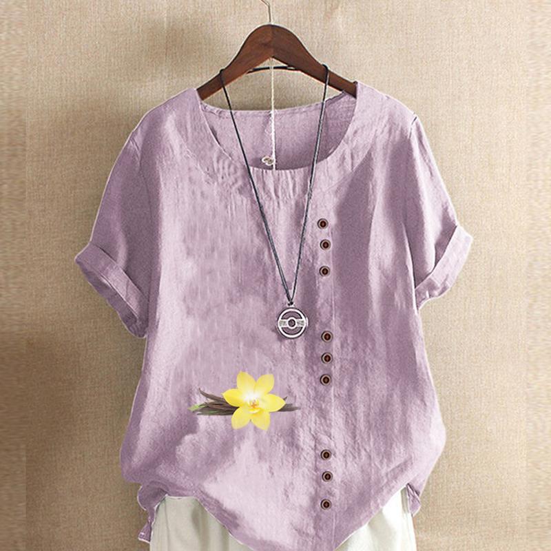 Dame Ny Mote Linskjorte Rund Hals Kort Erm Blomsterprint T-skjorte Sommer Damer Casual Pluss Størrelse Bluse Topper