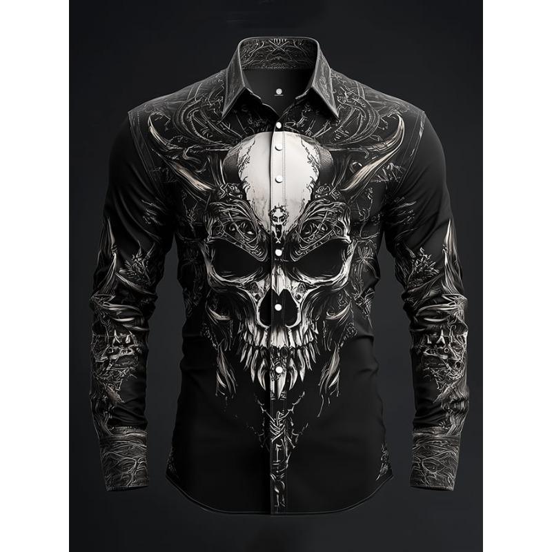 Men's Long Sleeve Shirt Stripe Graphic 3D Print Slim Fit Skull Outdoor Streetwear Button Clothing Fashion Style Design Tops