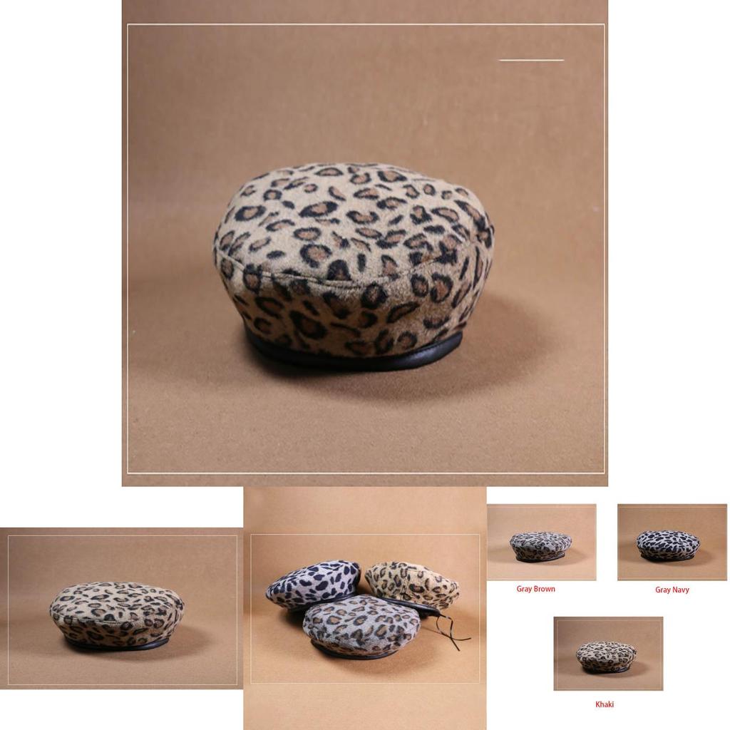Damen Vintage Leopardenmuster Wolle Weich Winter Warm Baskenmütze Klassische Beanie Mütze