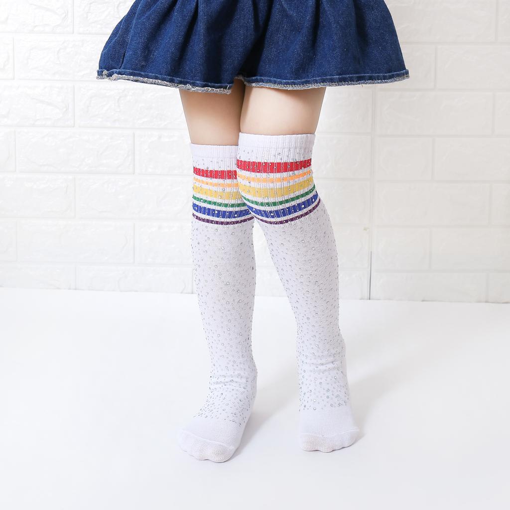 1 Pair New Sparkle Rhinestone Kids Crew Socks Colorful Striped Soft Cotton Socks Fashion Toddler Socks Bling Children
