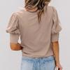 Women Top Round Neck Patchwork Lantern Sleeves Solid Color Loose OL