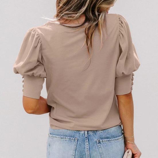 Women Top Round Neck Patchwork Lantern Sleeves Solid Color Loose OL