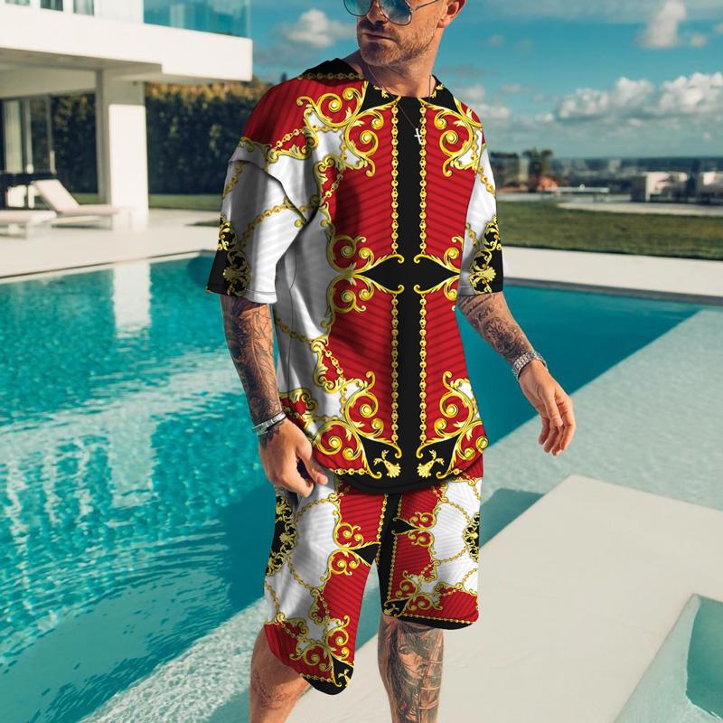 Herren Trainingsanzug Herren Übergröße Stoff T-Shirt Shorts Outfits Sets Streetwear Herren T-Shirt Anzug Sommer Vintage Muster 3D-Druck