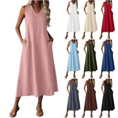 Women Sleeveless Casual V Neck Midi Dress with Zipper and Pockets Relaxed Fit Solid Color Tank Dress