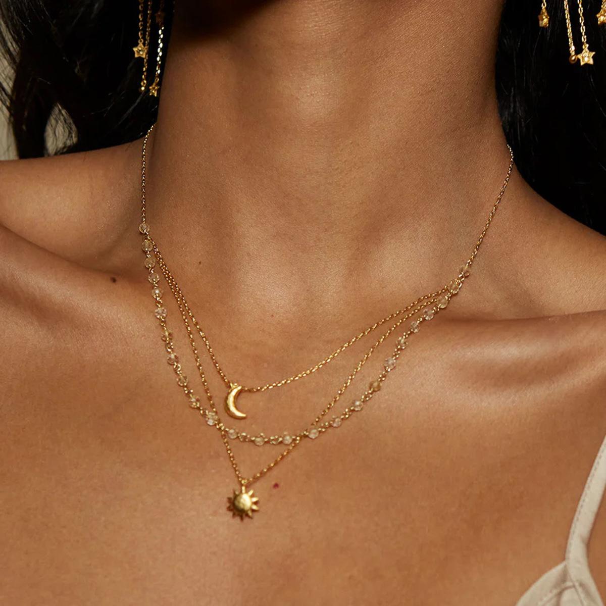 

Stainless Steel Chain Tassel Necklace Star Moon 3-Layer Gift Daily Accessories