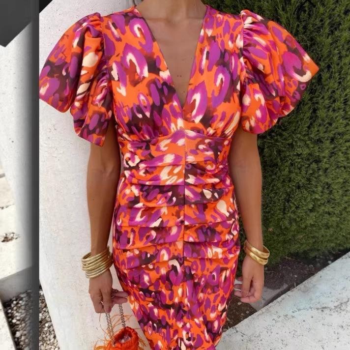 

V-neck new printed casual V-neck tight-fitting hip-wrapped waist bubble short-sleeved dress XXXL червоний