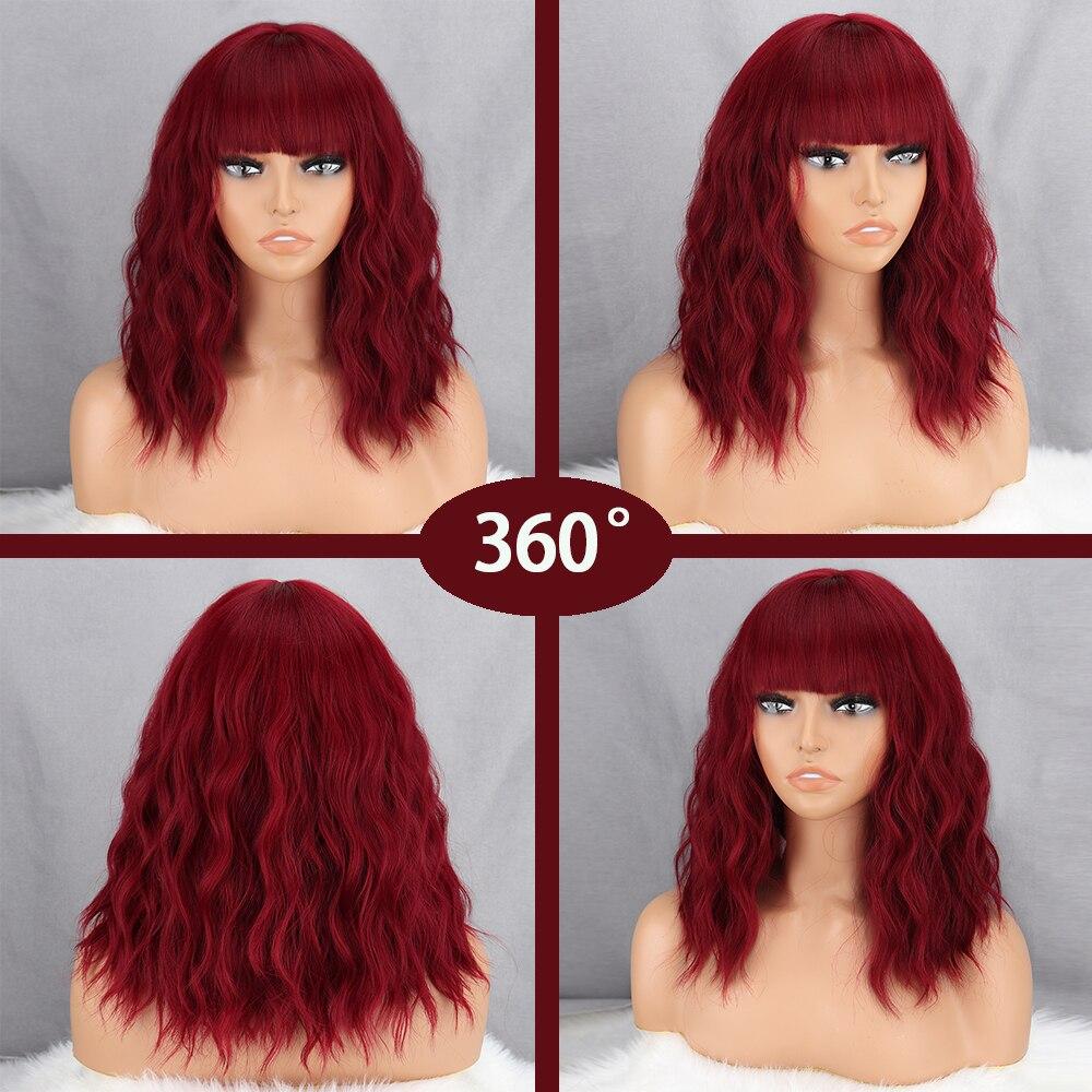 XINRAN Women Red Wine Color Short Wavy Wig with Bangs Synthetic Fiber Shoulder Length Red Wavy Wig Cosplay Daily Wear