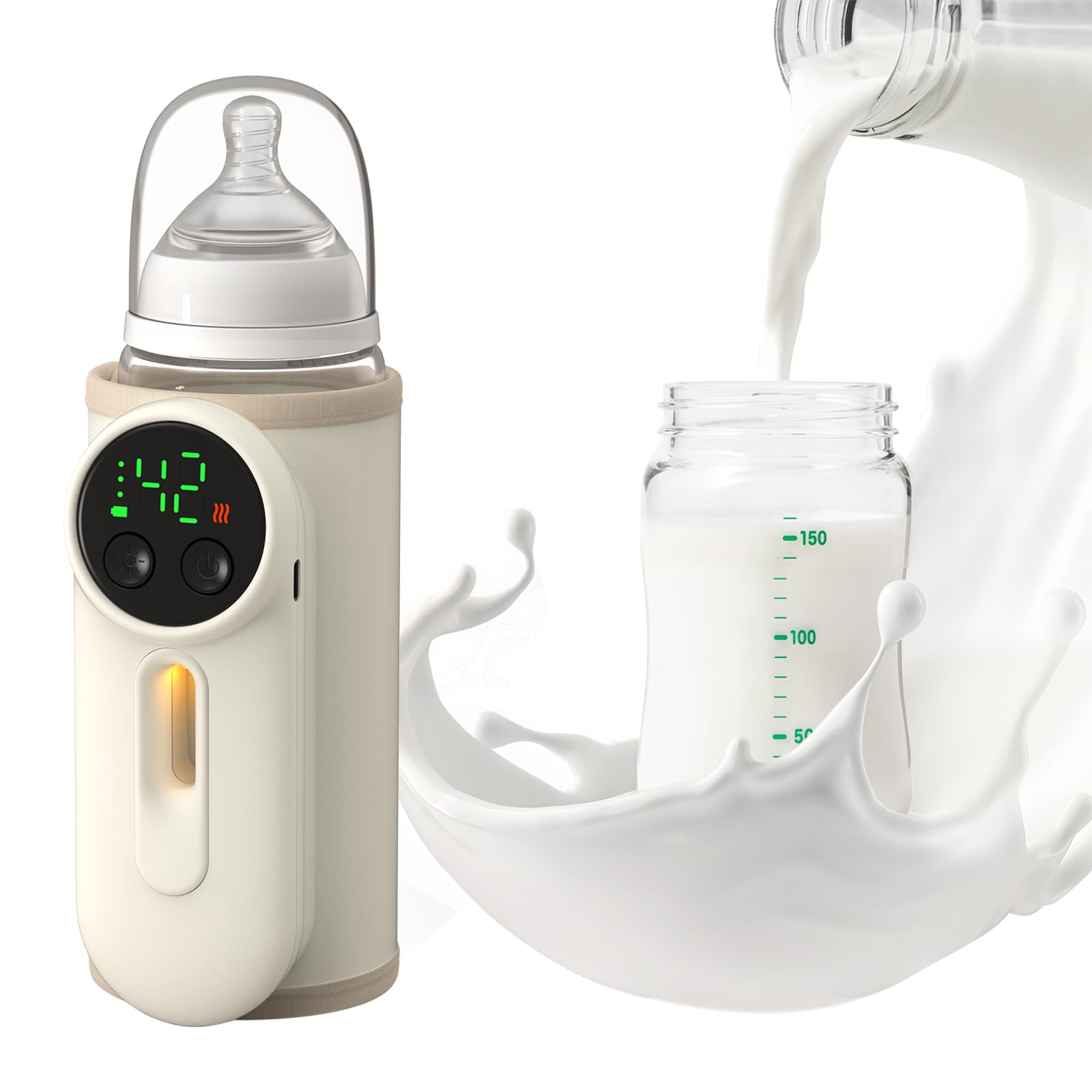 

Fast-heating portable bottle warmer for travel, milk volume monitoring, leak-proof, fast charging, cordless, and keeps feeding bottles warm on the go