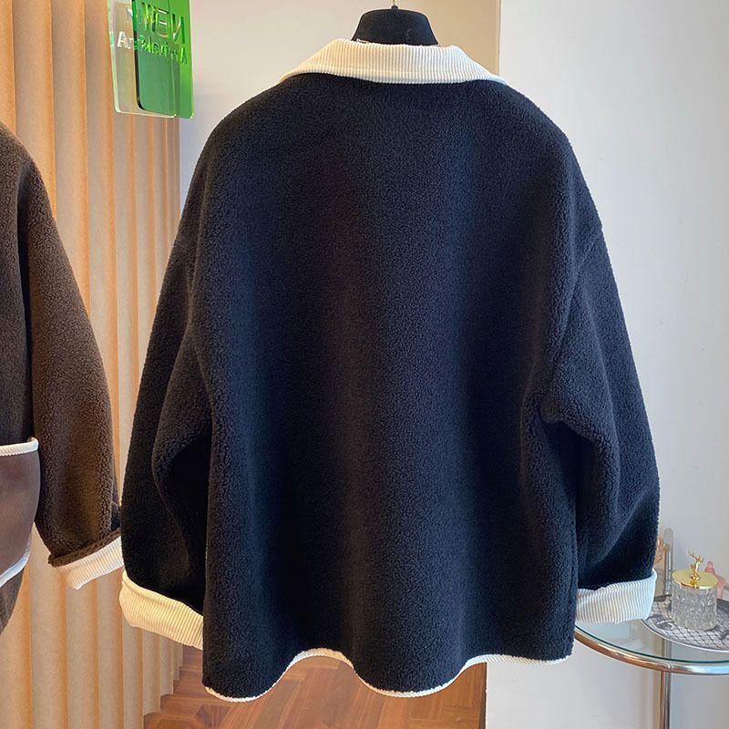 Dámský zimní kabát z jehněčí vlny v korejském stylu - Volný, zeštíhlující, silný, hřejivý, nadměrná velikost, patchworkový design