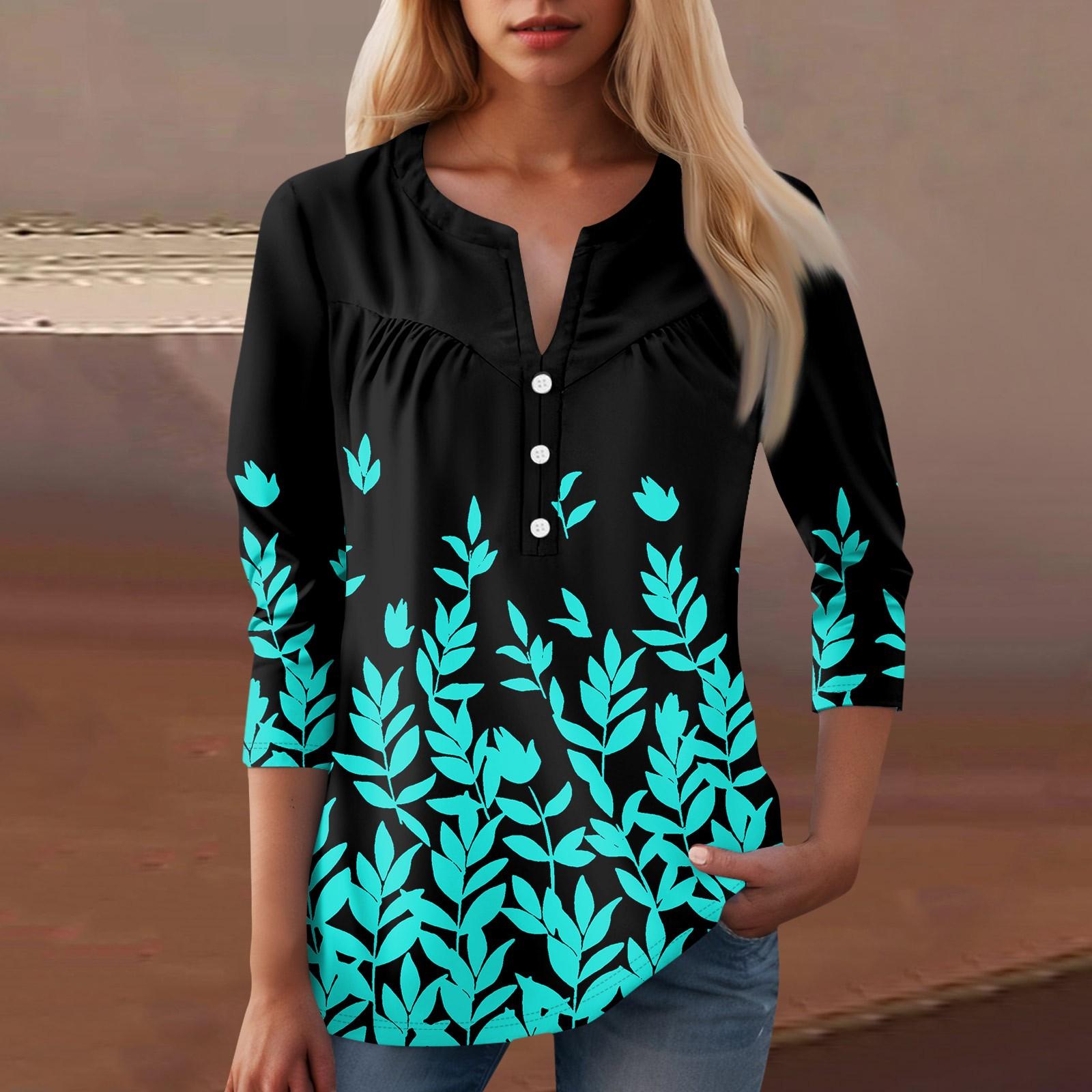 

Женская повседневная футболка с цветочным принтом и V-образным вырезом, декоративная пуговица S чёрный