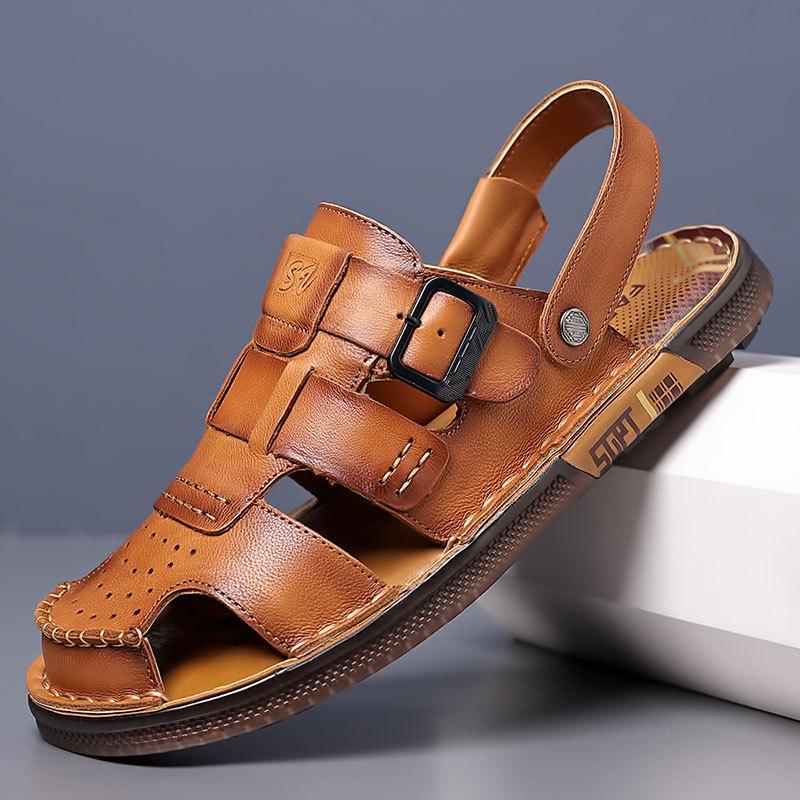 Fashion Summer Luxury Leather Platform Hollow Out Outdoor Beach Men's Sandals Designer Slip-on Soft Sole Casual Fashion Slippers Men