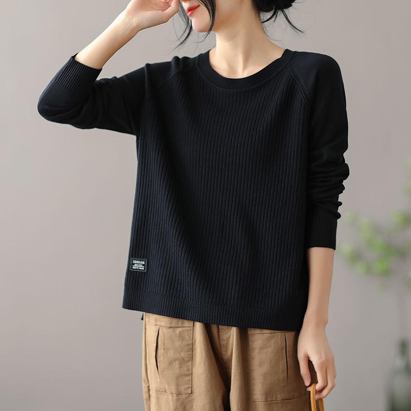 

Осенне-зимний женский свободный свитер больших размеров с круглым вырезом, повседневный пуловер, трикотаж, однотонный эластичный трикотажный топ, джемпер XL чёрный