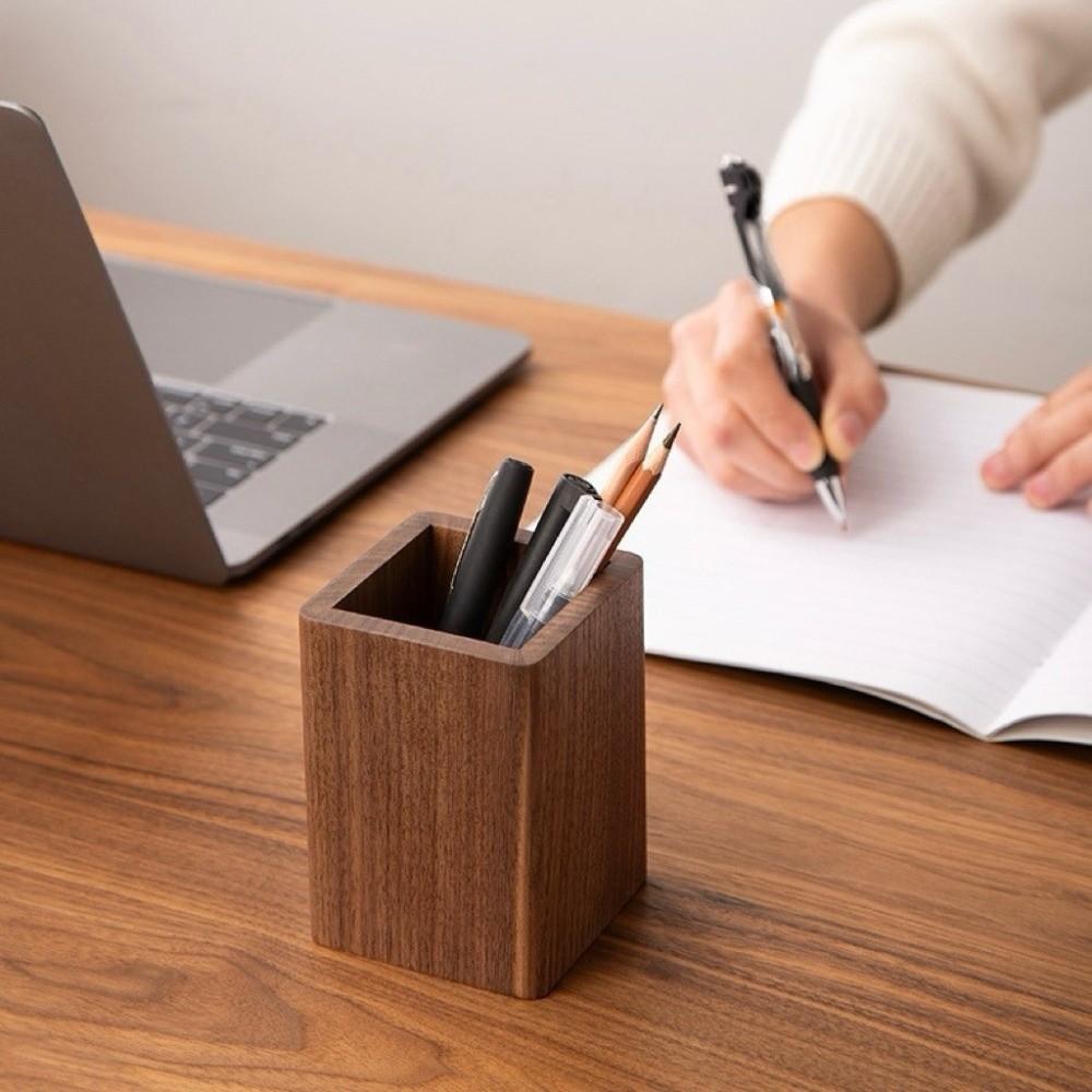Simple Hickory Wood Pen Holder Desktop Storage Makeup Brush Organizer  Office/School Supplies