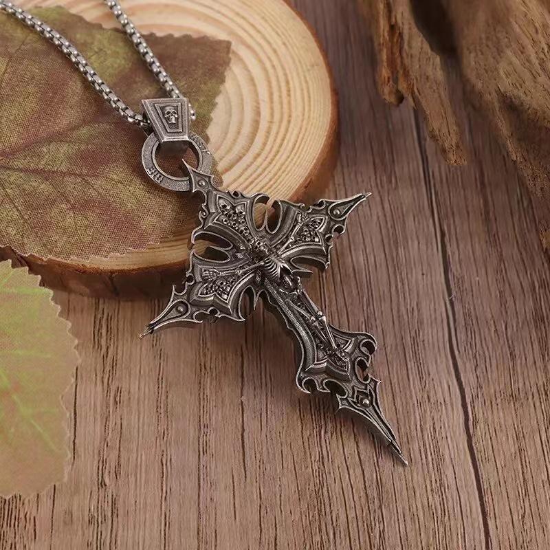 Vintage Gothic Purgatory Cross Skull Pendant Necklace Steampunk Catholic Amulet Jewelry Gift