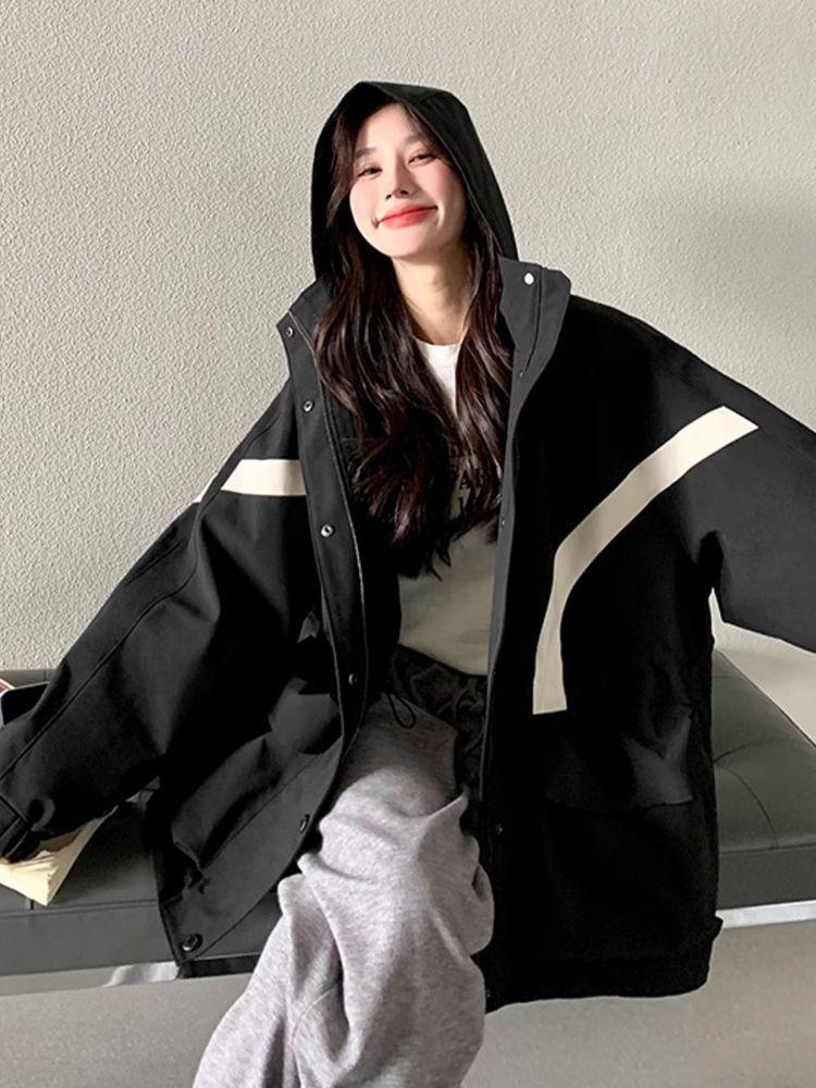 Plus Size Women's Spring Autumn American Style Hooded Jacket Oversized Loose Casual Patchwork Coat Windbreaker