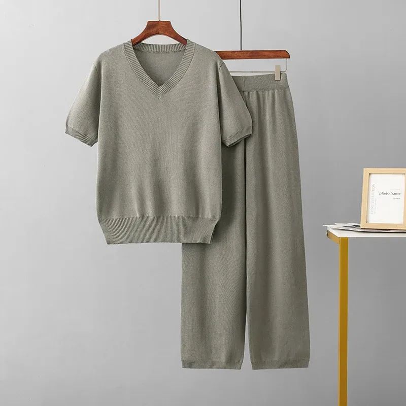 Cross-Border Summer Fashion Knitting Suit Over fit knit Top Two-piece Set High Waist Drape Straight Casual Trousers