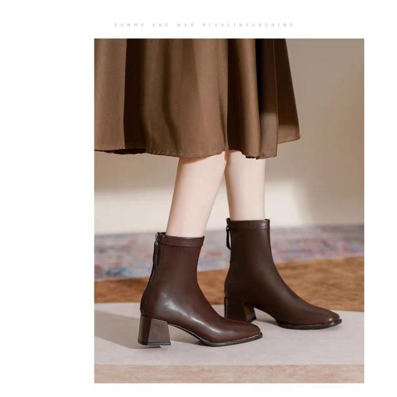 2025 Women's Fashion Boots Square Toe Square Heel Back Zipper Short Boots Retro All-match Korean Style Spring and Autumn Boots
