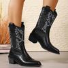 Women's Western Style Mid-Calf Boots Brown Retro Embroidered PU Leather Boots Woman Pointed Toe Chunky Heel Cowboy Botas Mujer
