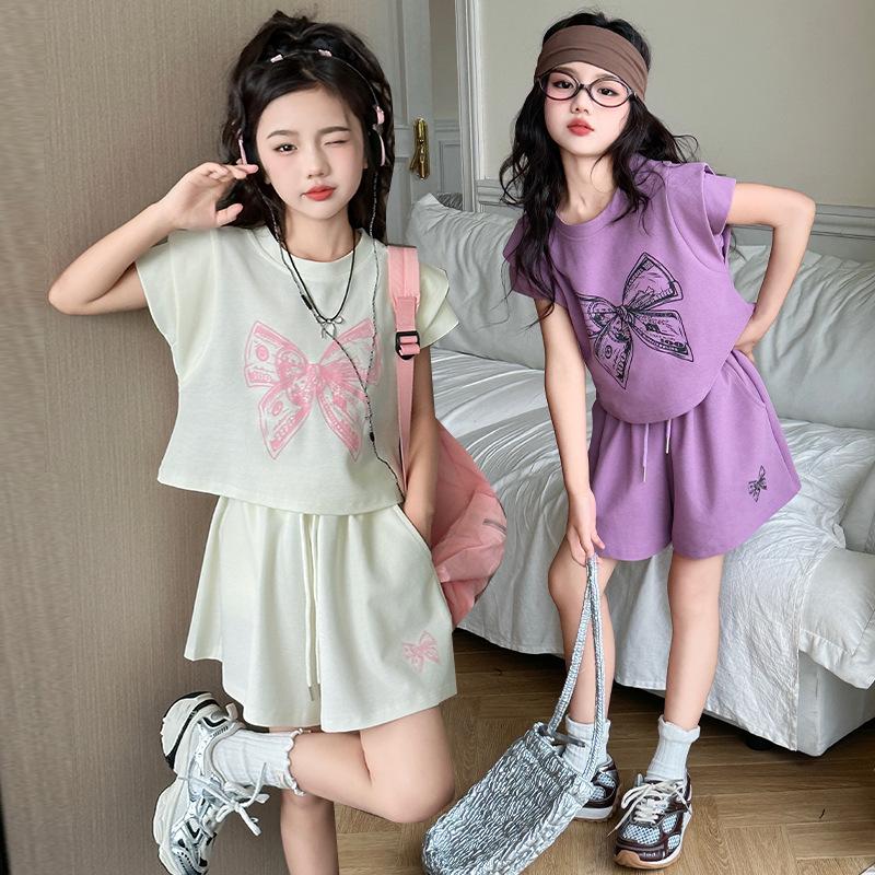 

2024 Korean Style Girls Summer Sports Two-Piece Set: Short Sleeve & Shorts 120 cm