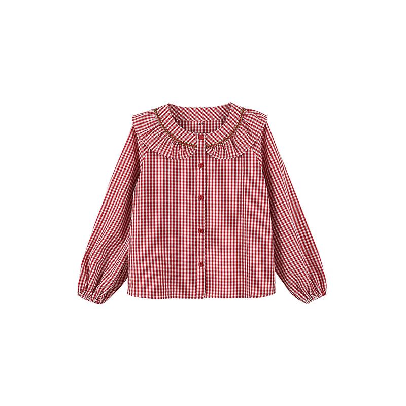 Girls' Plaid Peter Pan Collar Lantern Sleeve Shirt