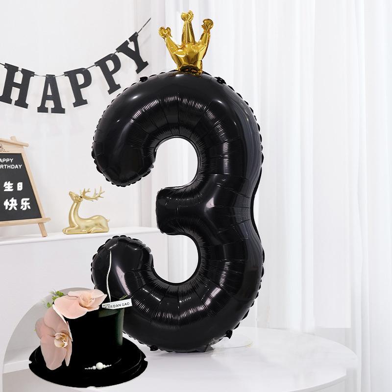 40-tommers Svart Tallballong Svart Krone Tall Folieballonger For 1-årsdag Babyshower Jubileum Bryllupsdekorasjon