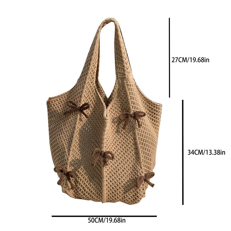 Retro Polyester Knit Tote Bag for Women Bow Woven Shoulder Handbag KTB