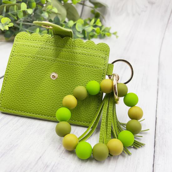Silicone Bracelet Keychain Wallet Beaded Wristlet Credit Card Holder with Tassel Slim Card Wallet with ID
