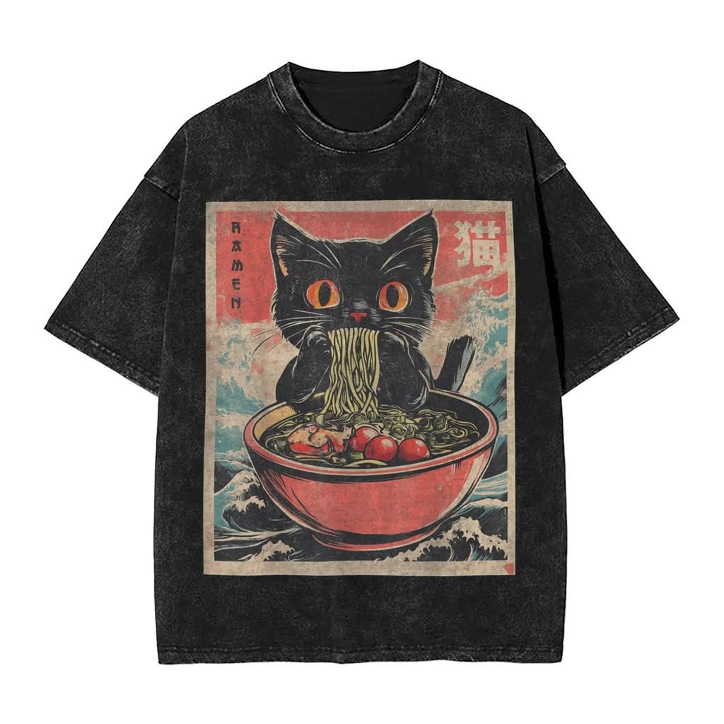 Japanese Ramen Cat T Shirt Men Women Funny Black Cat Eating Noodles Graphic Tee Washed Vintage Summer Top Harajuku Streetwear