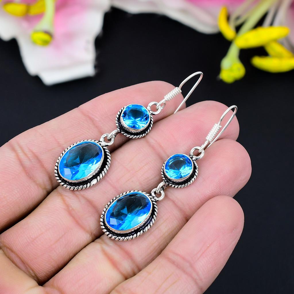Swiss Blue Topaz Gemstone Handmade 925 Sterling Silver Earring 2.56" KG-416