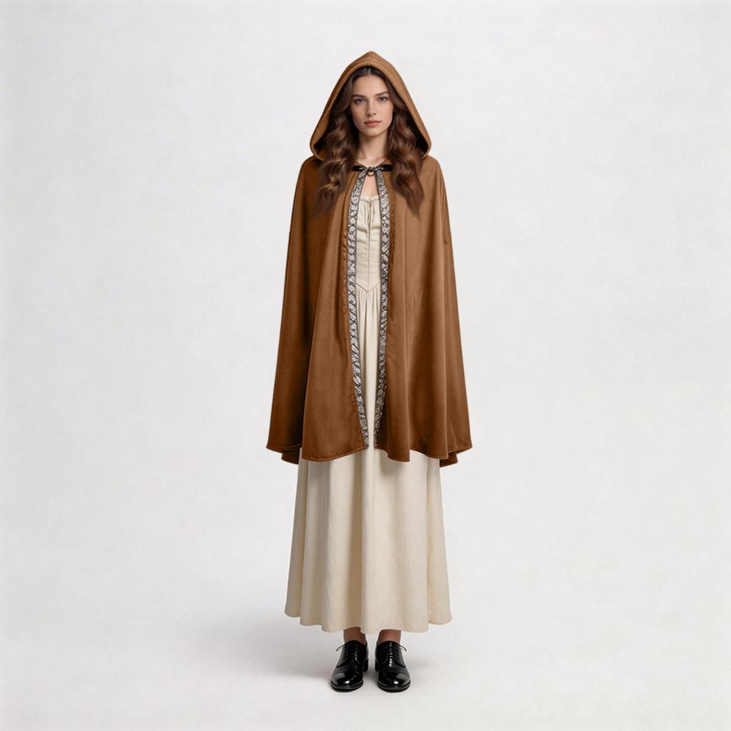 Womens Hooded Cloak Cape Costume Long Flowing Gothic Cape with Tie Front for Halloween Party Cosplay