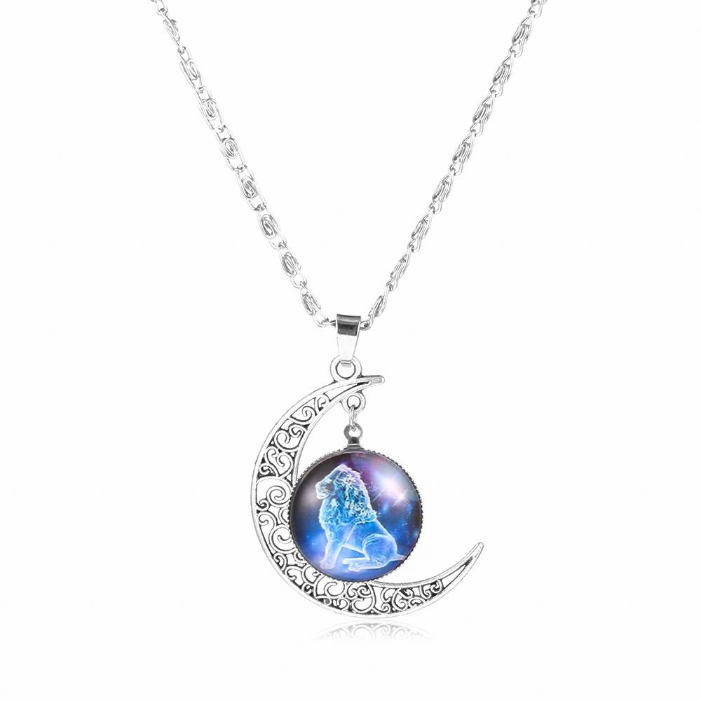 12 Zodiac Signs Glass Dome Crescent Moon Necklace for Women Aries Taurus Cancer Aquarius Pisces Necklace Fashion Party Jewelry