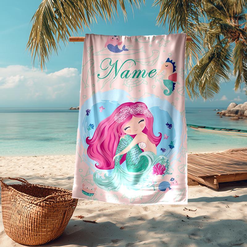 Custom Name Ultra-Soft Beach Towel with Mermaid Theme,Ideal for Pool - Camping, Diving - Perfect Travel Essential, Vibrant Beach Towel.