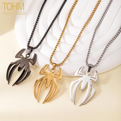 TOHM Men's Trendy Hip-Hop Spider Pendant Necklace - Stainless Steel Chain