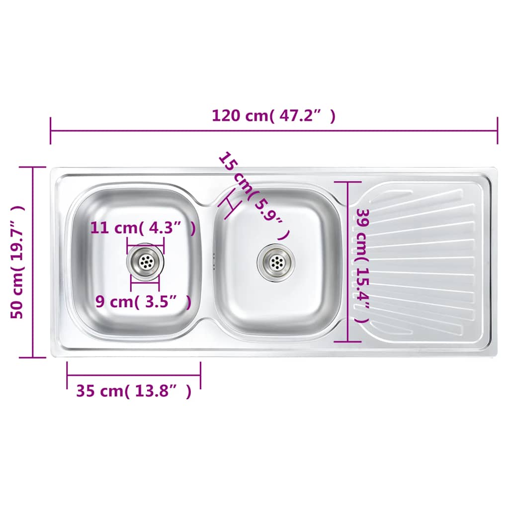 Double Kitchen Sink with Drainboard Strainer