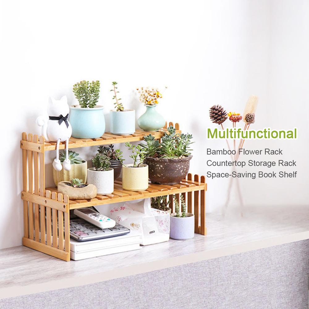 Countertop Bamboo Plant Shelf 2-Tier Bamboo Flower Pot Stand Balcony Flower Rack Cabinet Organizer Multi-Function DIY Desktop Storage Rack for Living