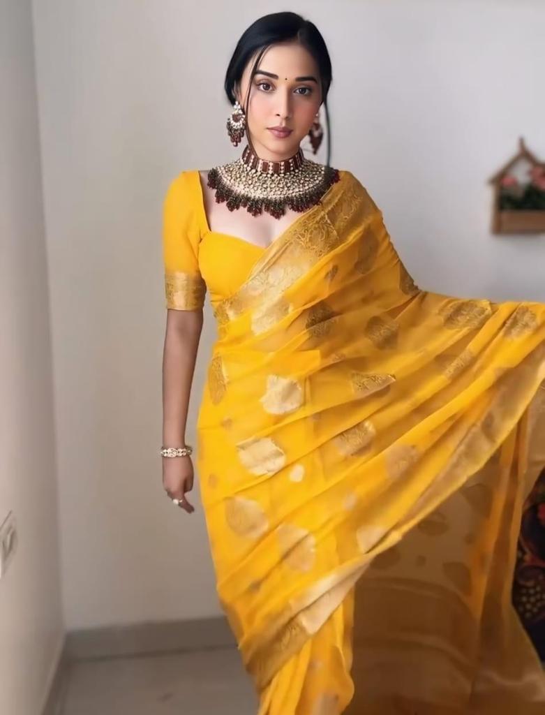 Trending Indian Ready To Wear Yellow Cotton Silk Saree