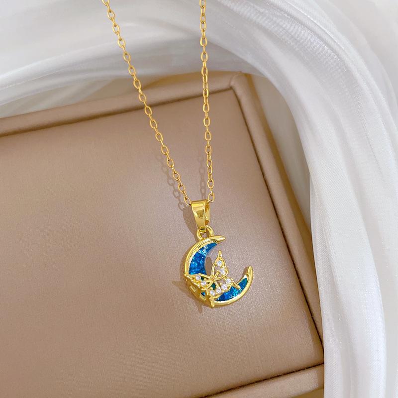 

Sweet Resin Moon Zircon Butterfly Pendant Necklace for Women Girls Gold Color Stainless Steel Chain Jewelry Accessories Gifts