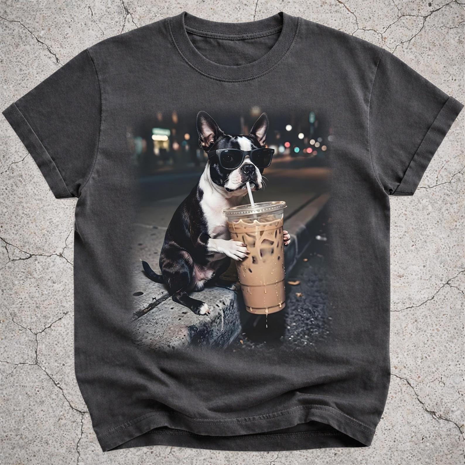 Boston Terrier Drinking Iced Coffee Shirt, Funny Boston Dog Meme Tee, Coffee Lover Gift for Boston Terrier Owner, Silly Dog Graphic T-Shirt S
