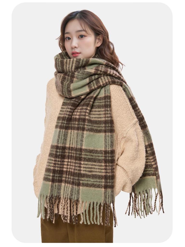 2025 Retro Korean Style Women's Warm Plaid Scarf & Shawl in Brown