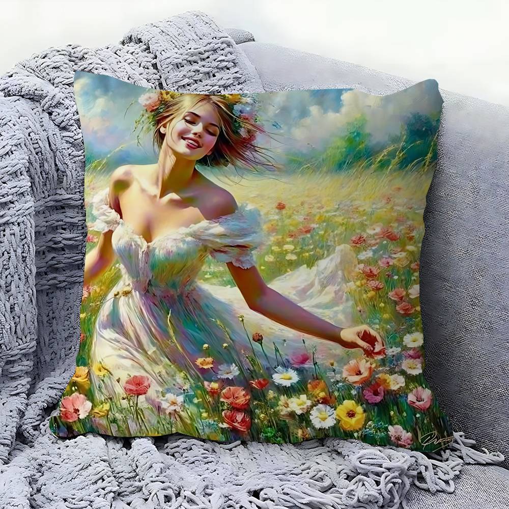 Woman And Flowers Art Oil Painting Personalized Picture Text Home Decorative Pillows Household Gifts 45x45cm