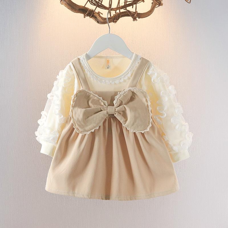 Baby Girl Autumn Faux Two Piece Long Sleeve Dress Infant First Birthday Party Princess Gown Formal Outfit