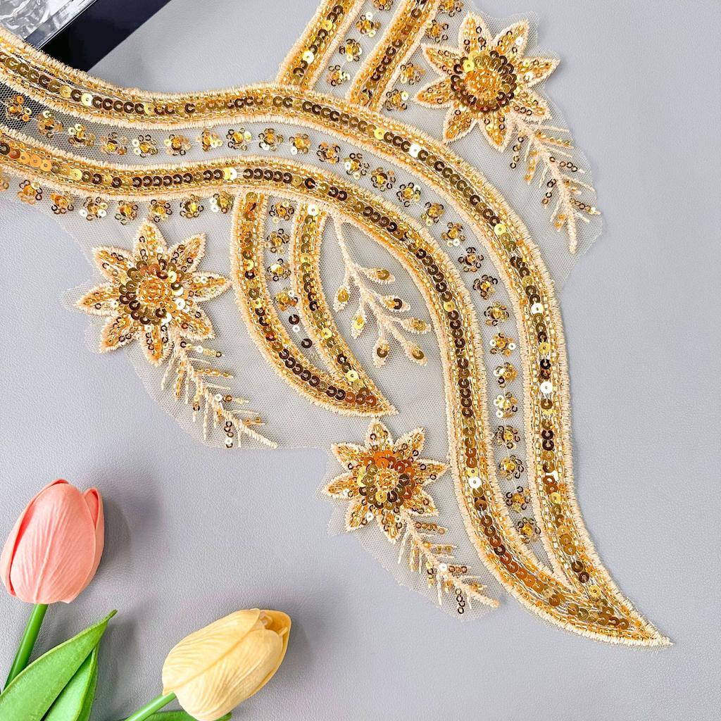 Heavy Industry Luxury Gold Beaded Sequins V-Neck Patch Evening Dress Performance Dress Decorative Front Neck Fabric Stickers Accessories