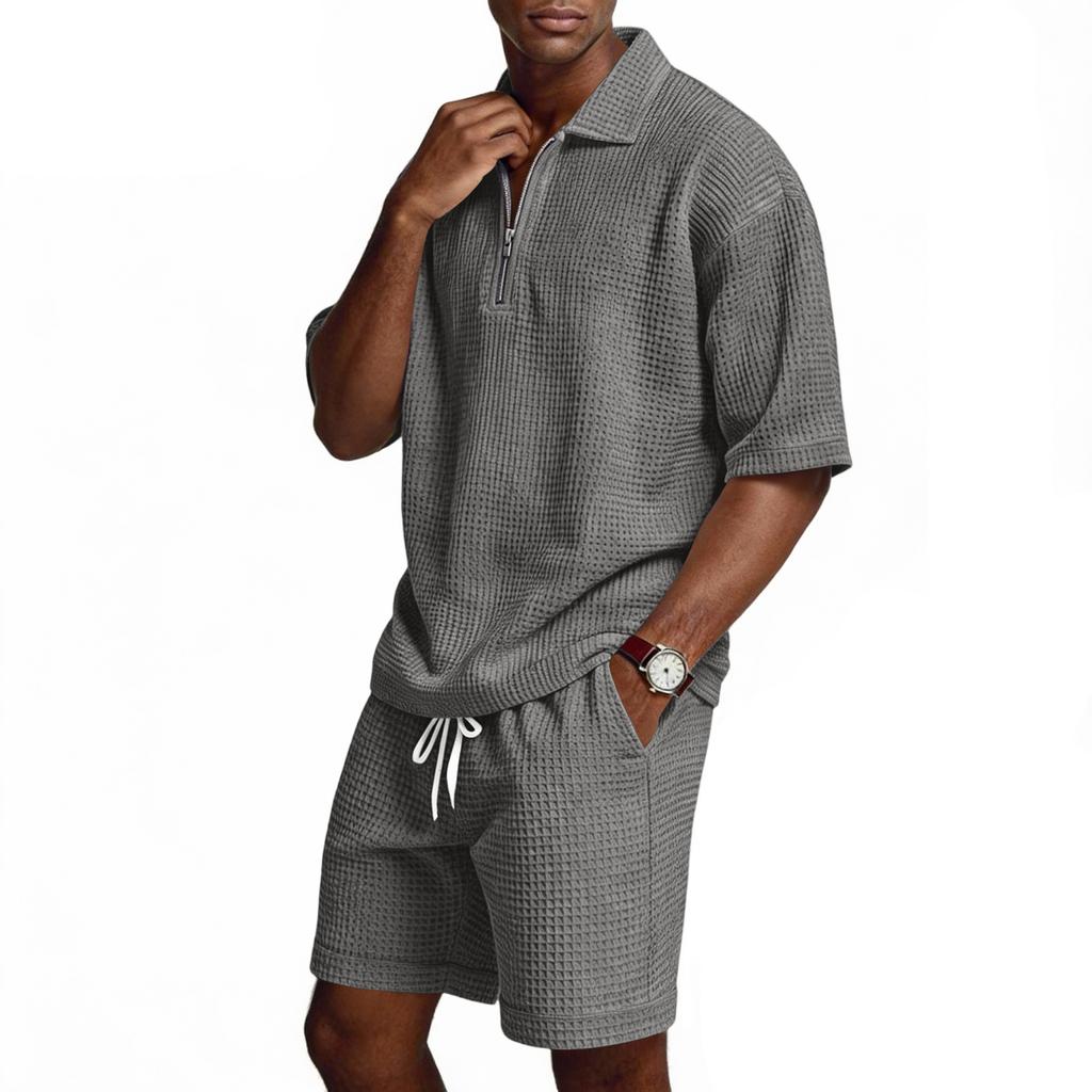 Men's Summer -color Quarter-zip Casual Loose Short-sleeved Short Pants Set