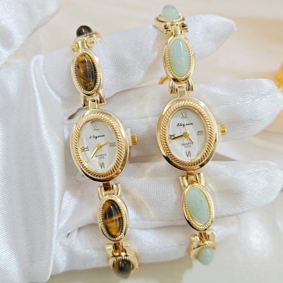 Ladies Vintage Bracelet Watch Retro Oval Dial Quartz Wristwatch Elegant Faux Gemstone Dress Watch for Office Date Party