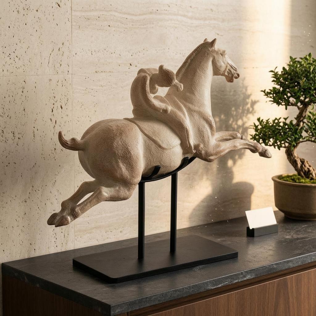 Scultura Cavallo Rampante Finitura Testurizzata Statua su Supporto Aspetto Intagliato Decorazione per la Casa