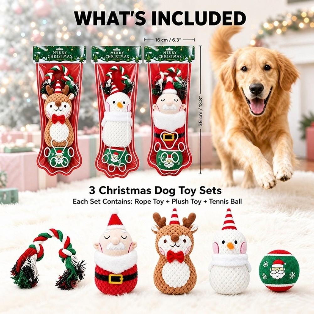3pcs Xmas Tree Pet Chew Toy Ball Christmas Santa Pet Toy Festive Puppy Biting Toy Large Dogs